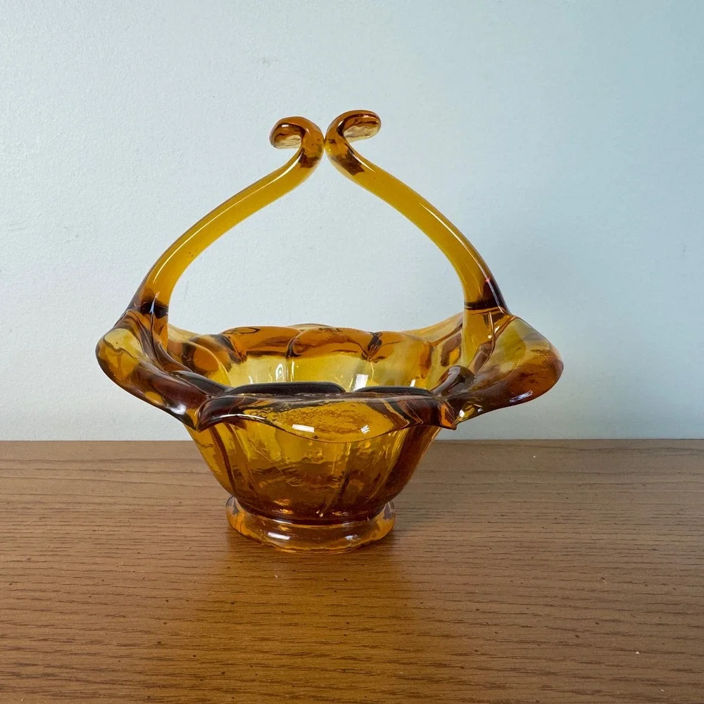 Amber Glass Basket Decorative Candy Dish Collectible Vintage Handled Vase